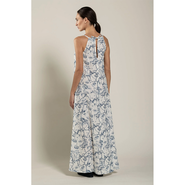 Halterneck Long Linen Dress in Washed Blue Toile Print Christensen Copenhagen