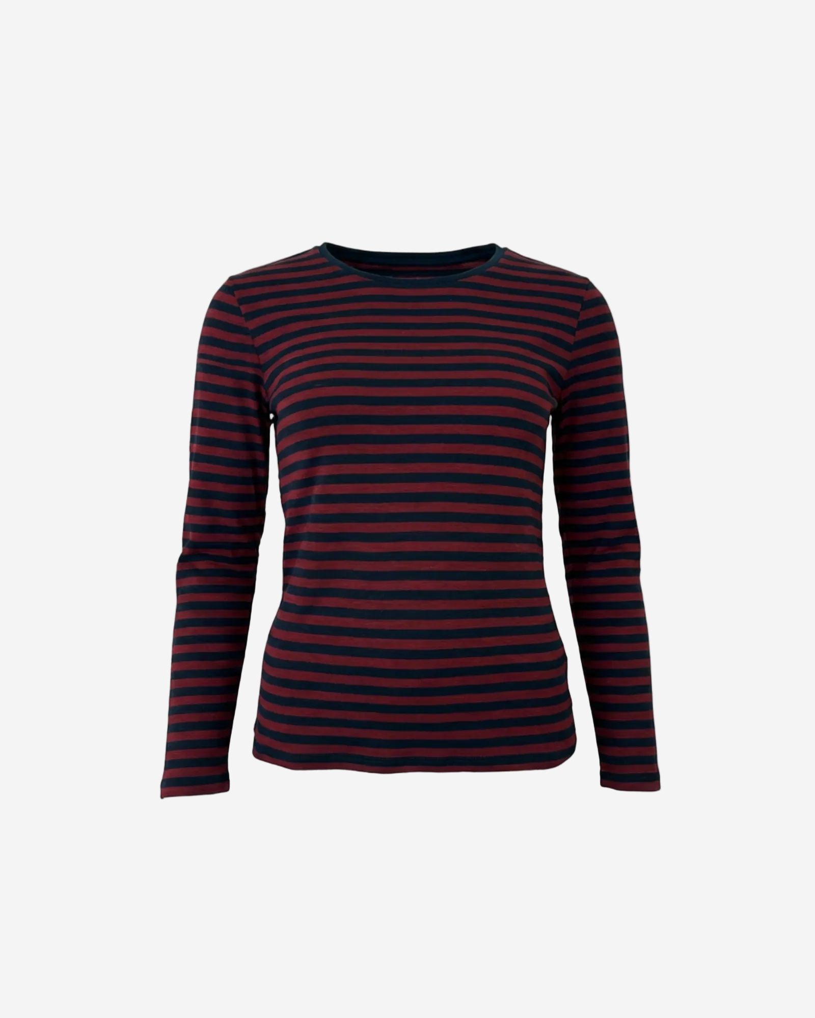 Long-sleeve shirt with black and red horizontal stripes on a white background