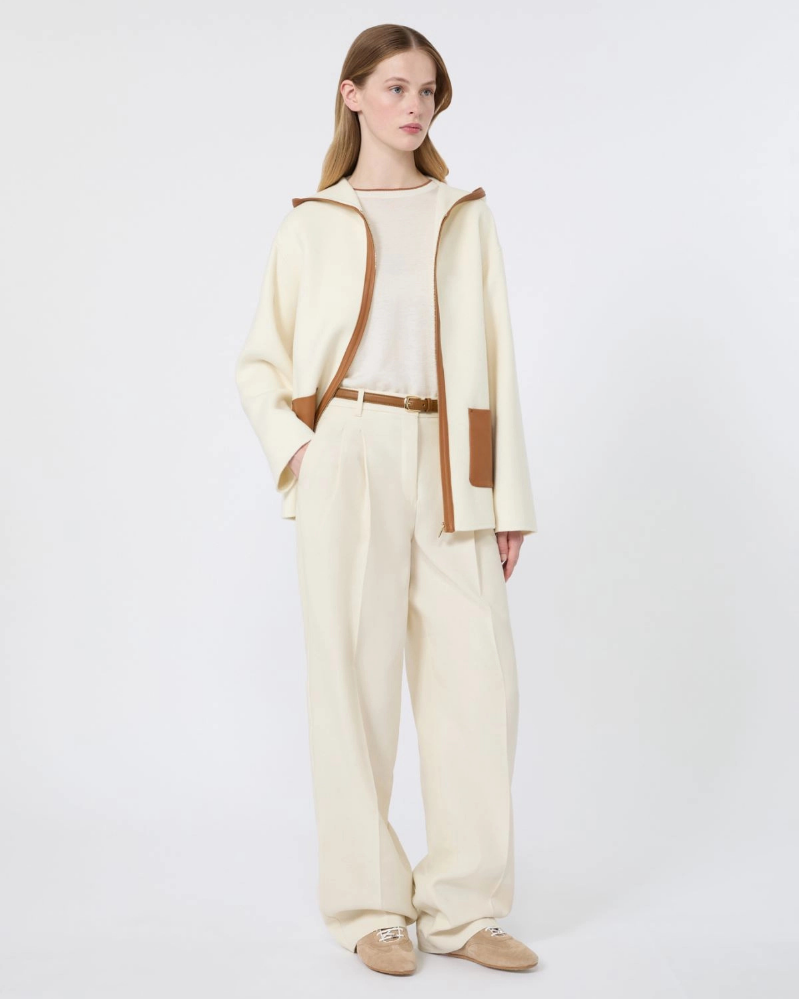 Cotton crêpe long trousers ivory