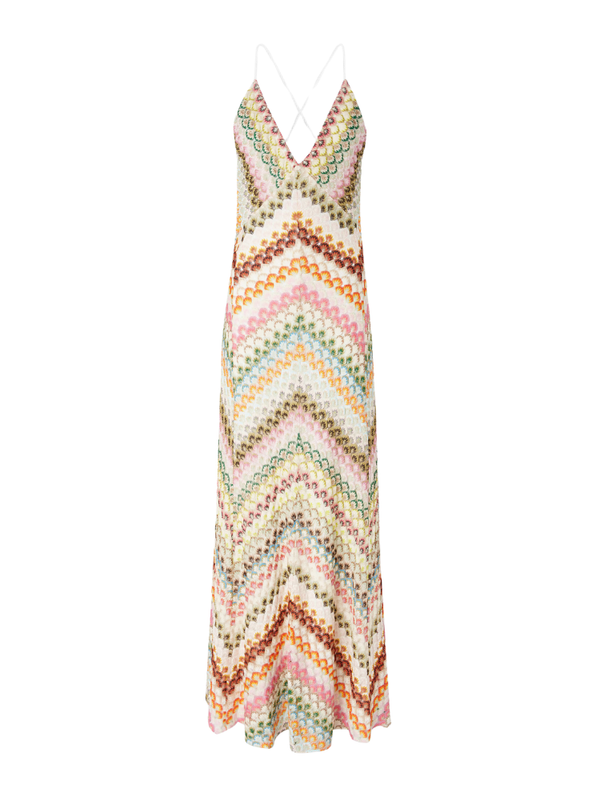 Long viscose dress with V-neck lace and zig zag pattern