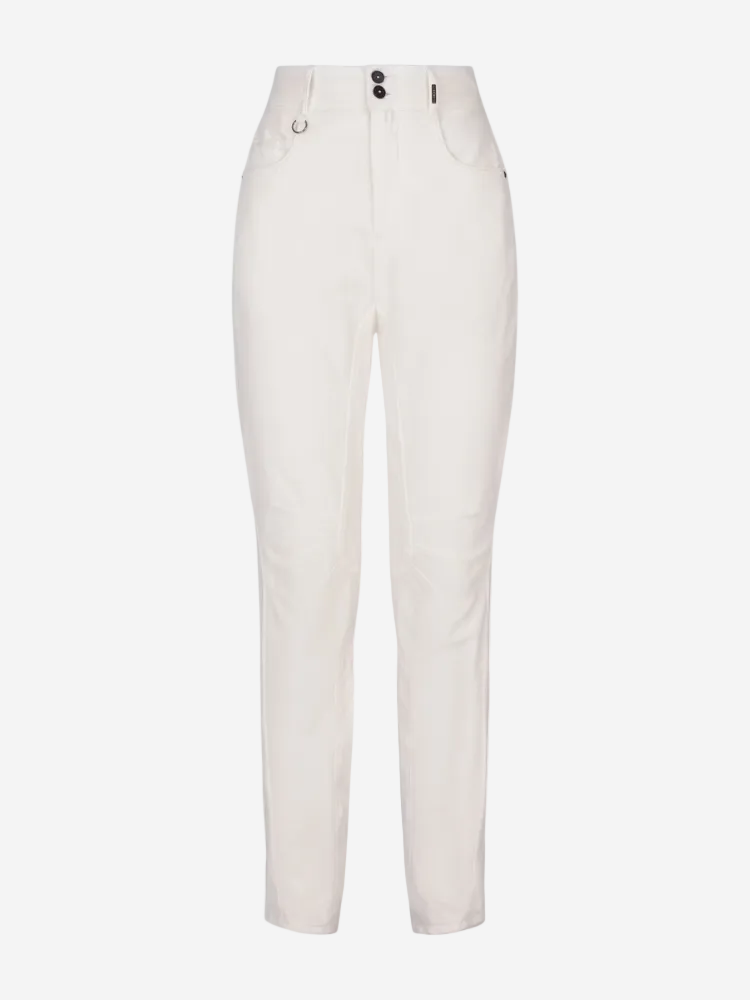 Slim leg white jeans with a double button waistband, belt loops, and a silver metal zip.