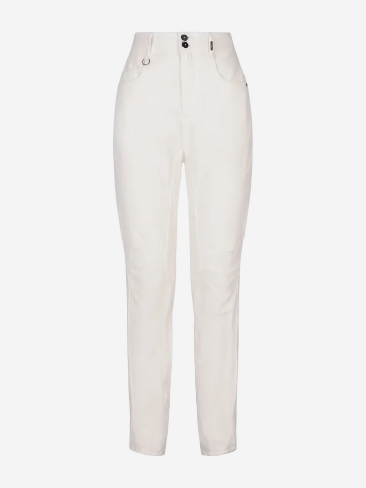 Slim leg white jeans with a double button waistband, belt loops, and a silver metal zip.