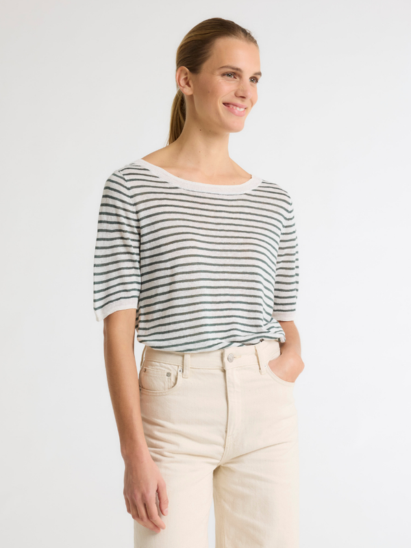 Round Neck Short Sleeve Stripe Top  GREEN/WHITE