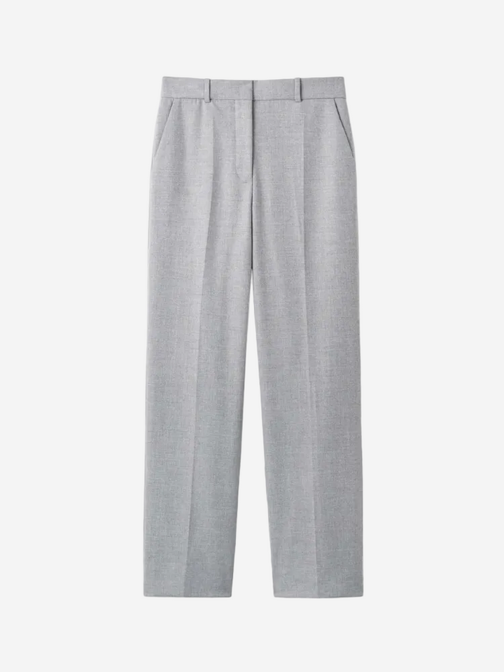 A pair of gray trousers with a front crease, side pockets, and a flat front design.
