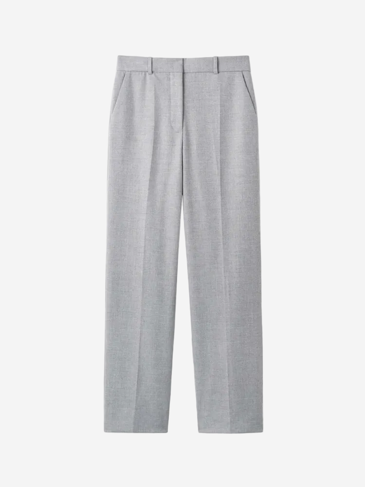 A pair of gray trousers with a front crease, side pockets, and a flat front design.