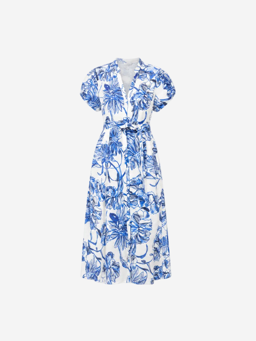 Printed Linen Midi Dress Washed Blue Floral