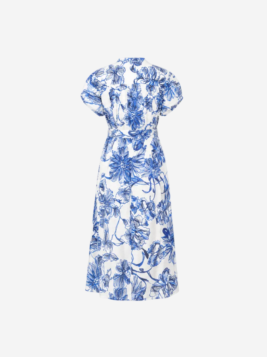 Printed Linen Midi Dress Washed Blue Floral