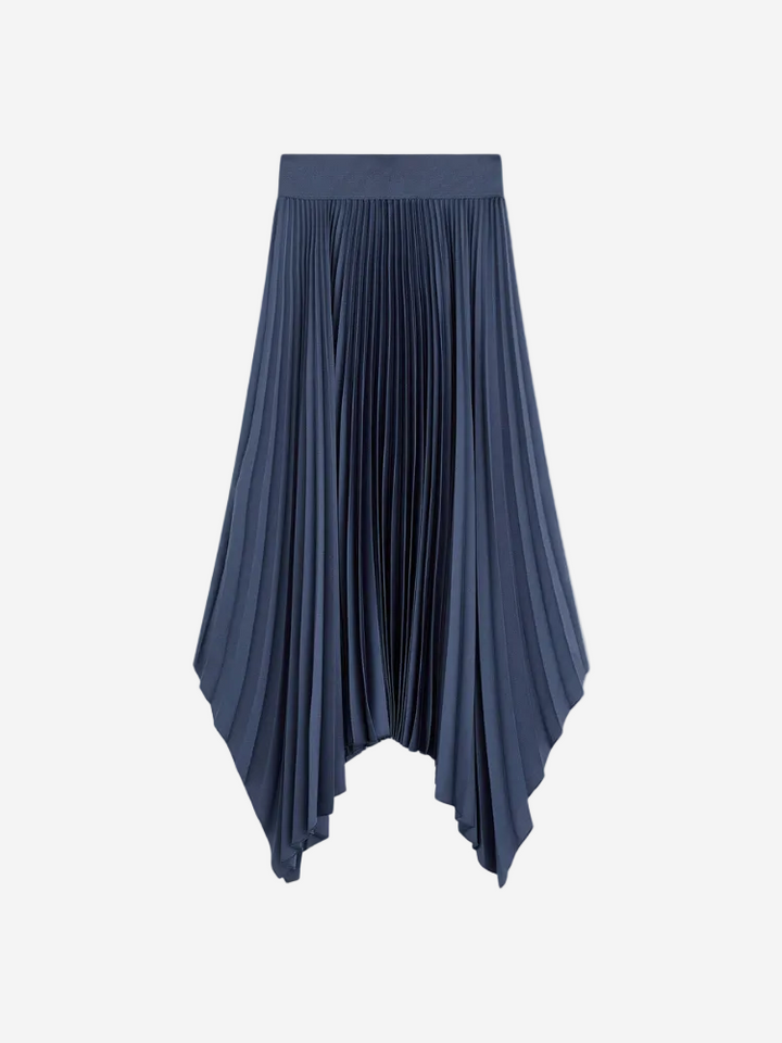 A navy blue, pleated, A-line midi skirt with an asymmetric hem, made from a knit weave.