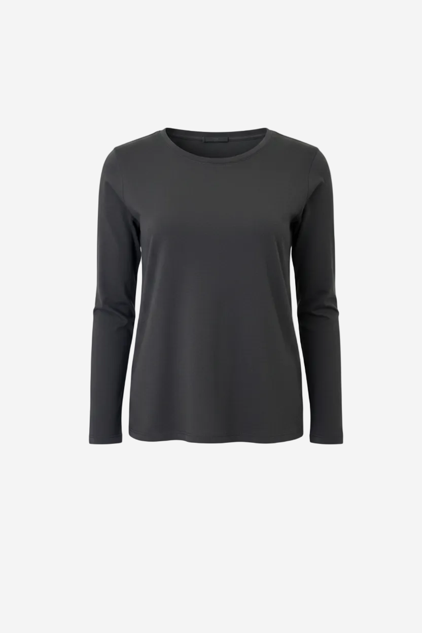 Dark gray long-sleeve shirt with white trim on a white background