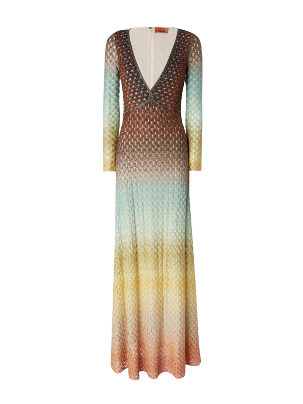 Flared dégradé long dress with V-neck
