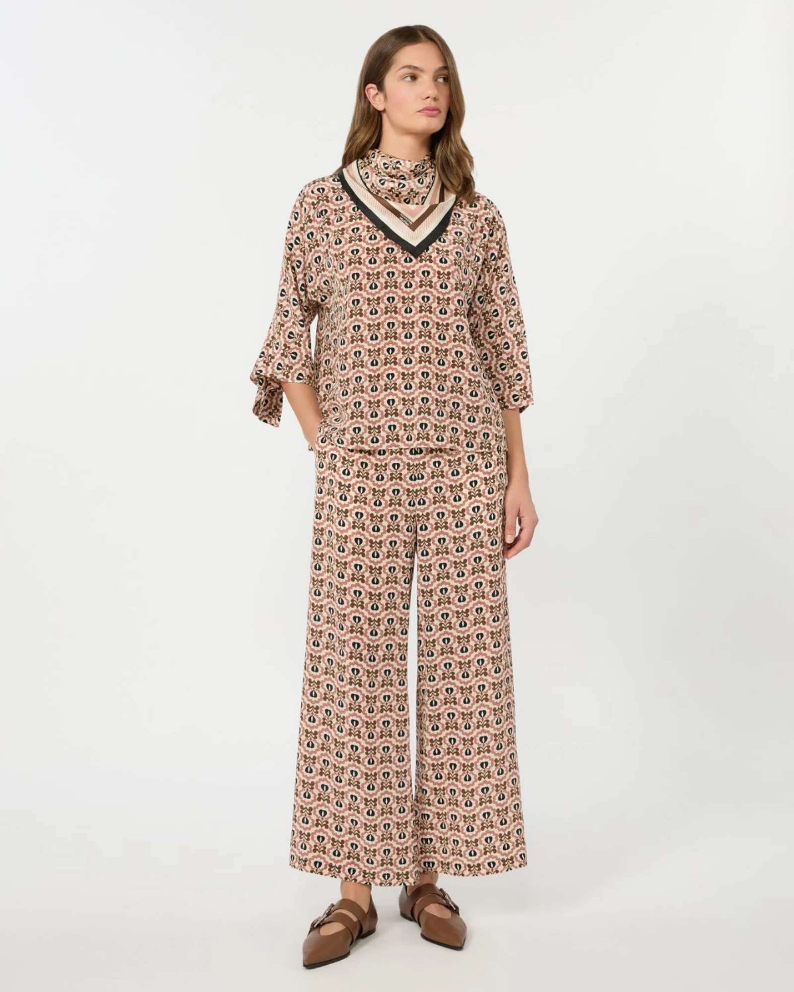 Silk crepe de chine printed trousers Antique Rose