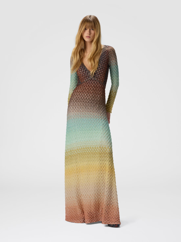 Flared dégradé long dress with V-neck