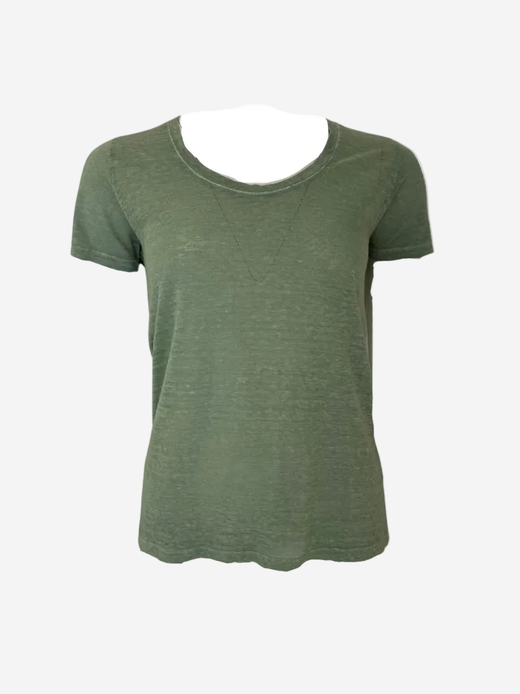 A short sleeve round neck linen t-shirt in green color, displayed against a plain background.