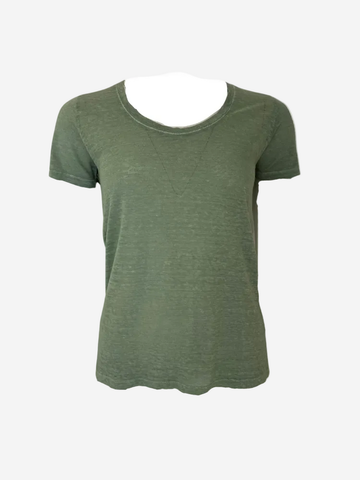 A short sleeve round neck linen t-shirt in green color, displayed against a plain background.