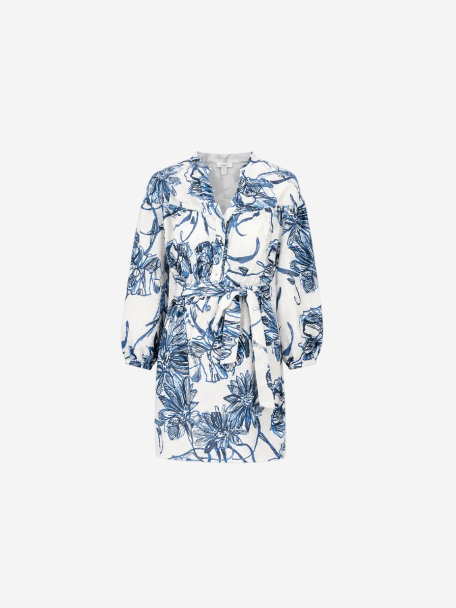 Printed Linen Midi Dress Washed Blue
