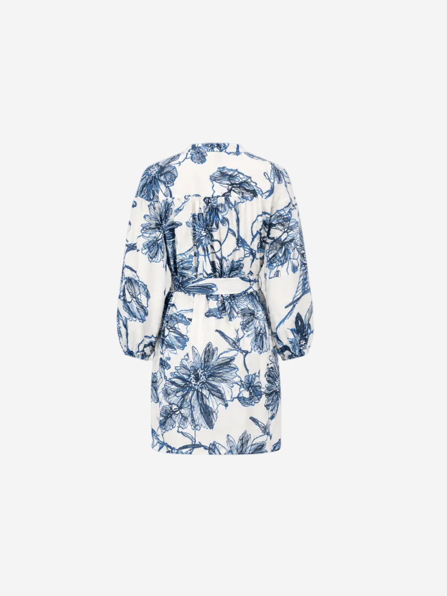 Printed Linen Midi Dress Washed Blue