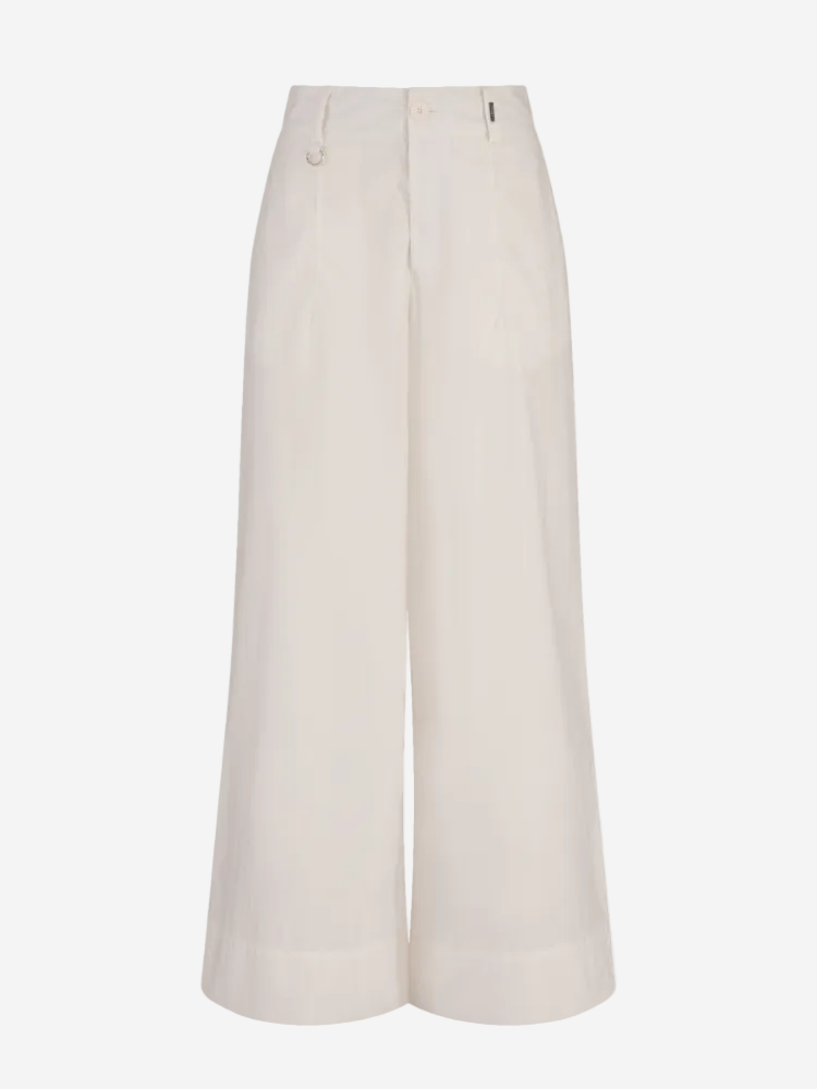 A pair of white, wide-legged trousers with a high waist and button fly closure.