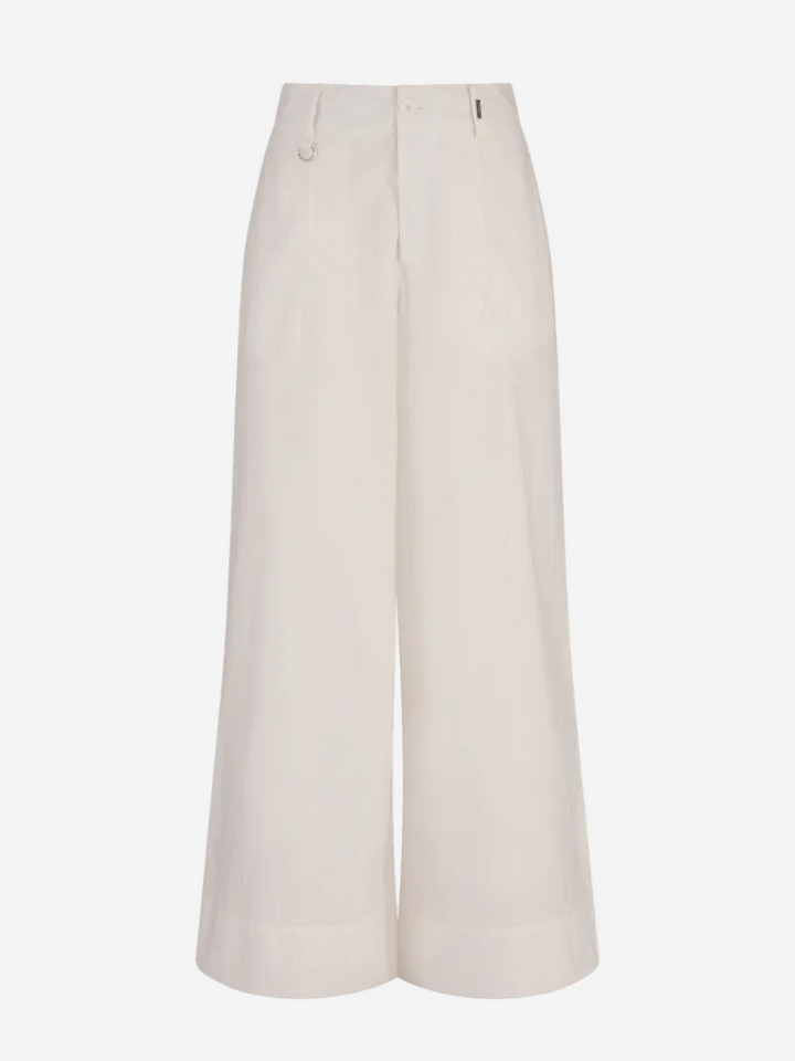 A pair of white, wide-legged trousers with a high waist and button fly closure.