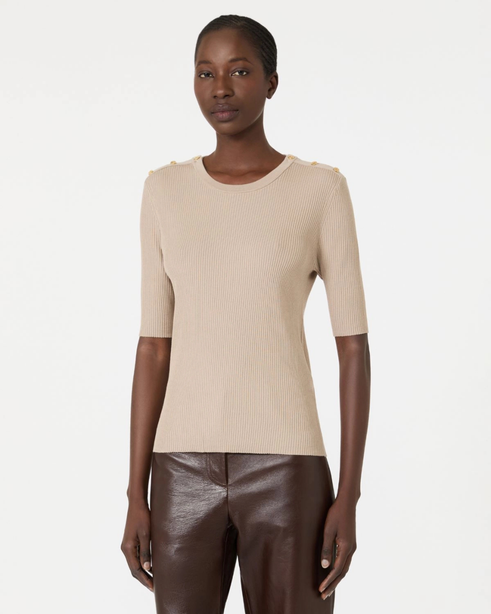 Virgin wool fine knit top Beige