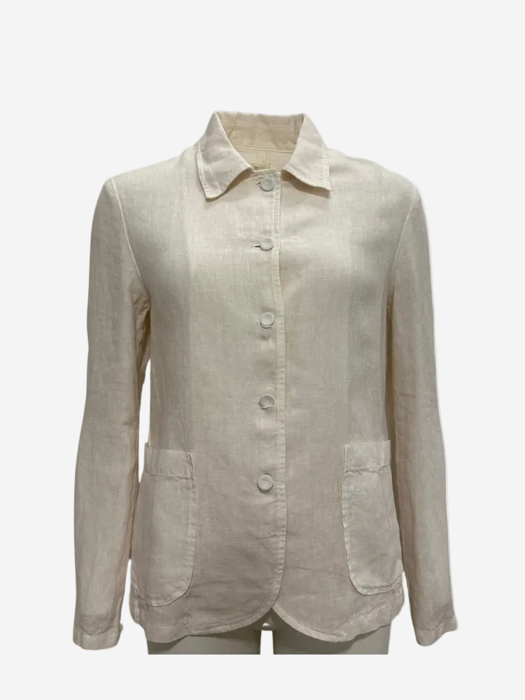 A beige long-sleeved coat with a pointed collar, button-up front, and two front pockets laid flat on a plain background.