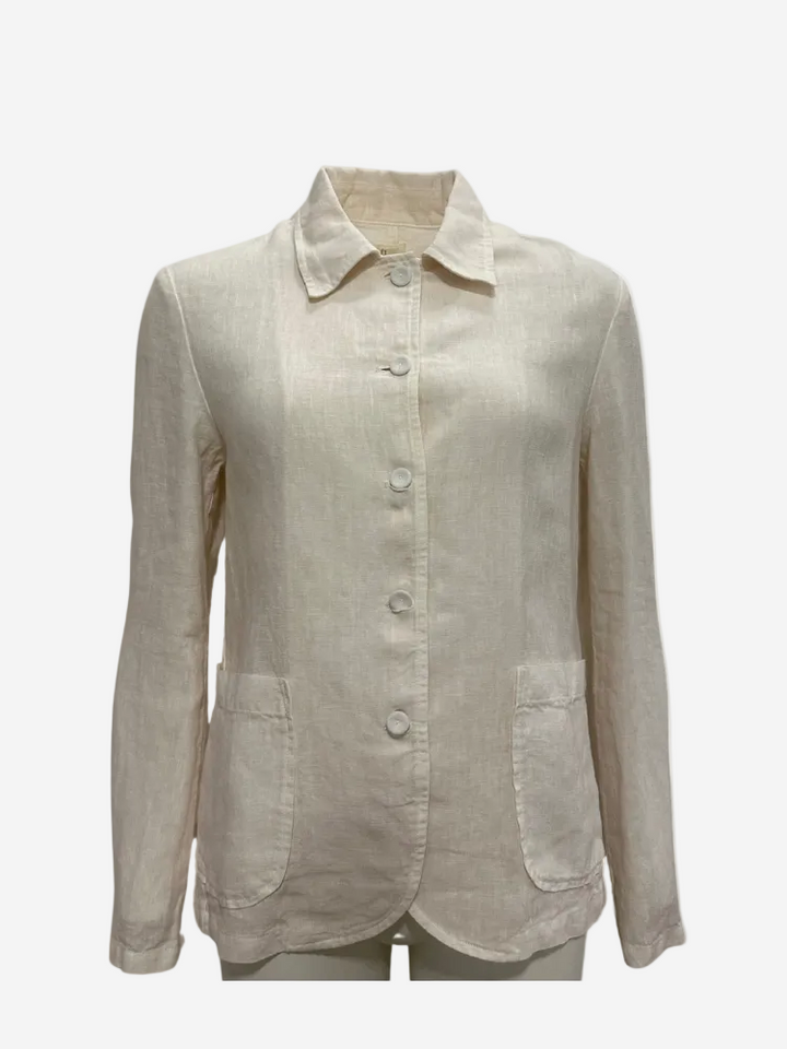 A beige long-sleeved coat with a pointed collar, button-up front, and two front pockets laid flat on a plain background.
