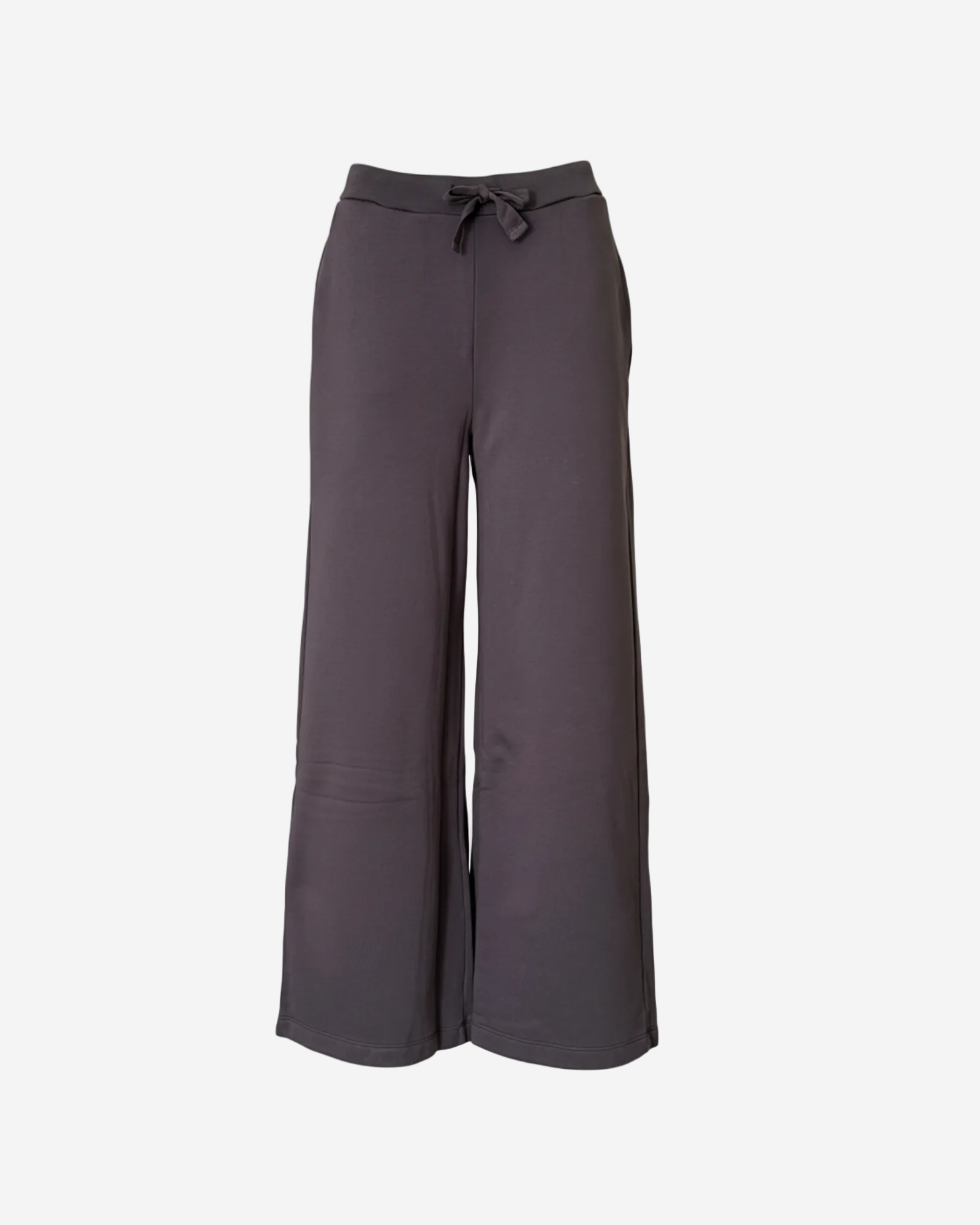 Dark gray wide-leg pants with a tie waist on a white background