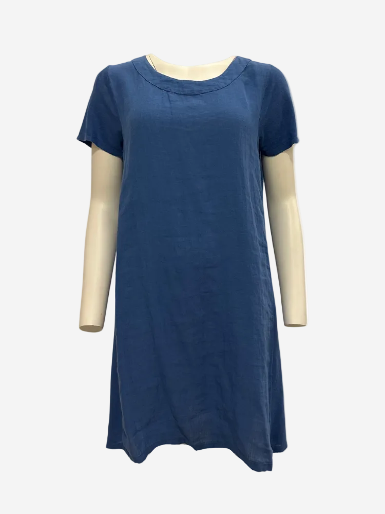 A navy blue knee-length dress with short sleeves, displayed on a mannequin against a white background.