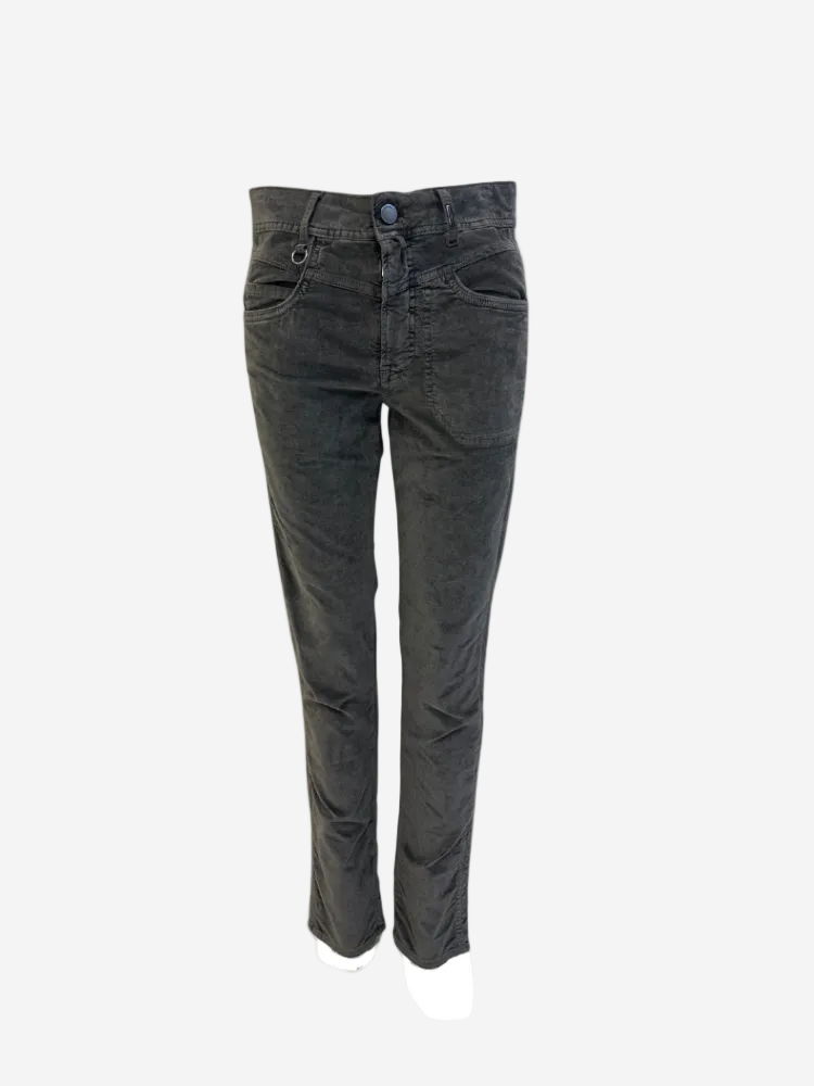 A pair of slim-fit, straight-leg black jeans with a single button waistband, belt loops, and a fly front fastening. They feature a V-shaped yoke over hip pockets and a ticket pocket on the front.