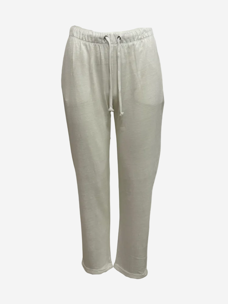 A pair of gray sweatpants with a drawstring waist.