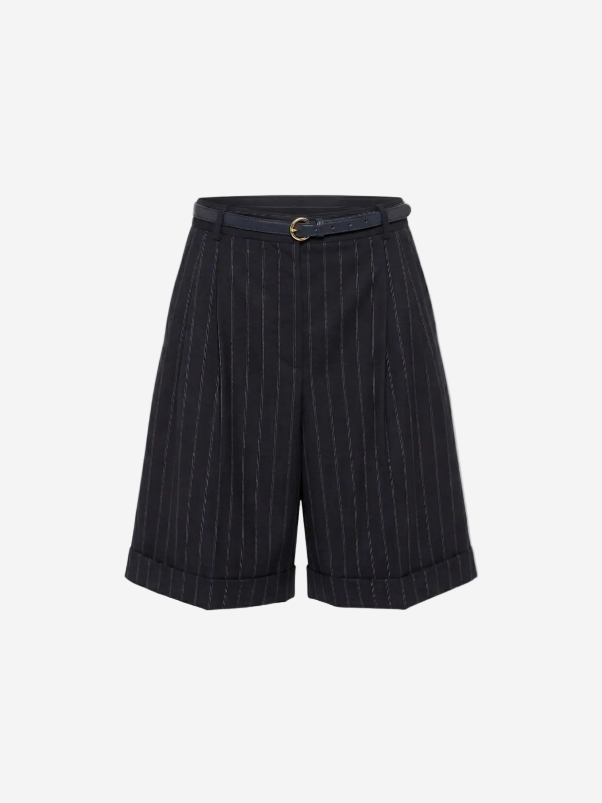 Black pinstripe shorts with a belt on a white background