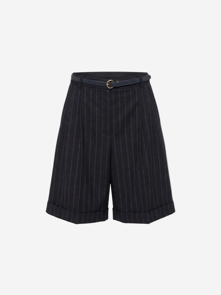 Black pinstripe shorts with a belt on a white background