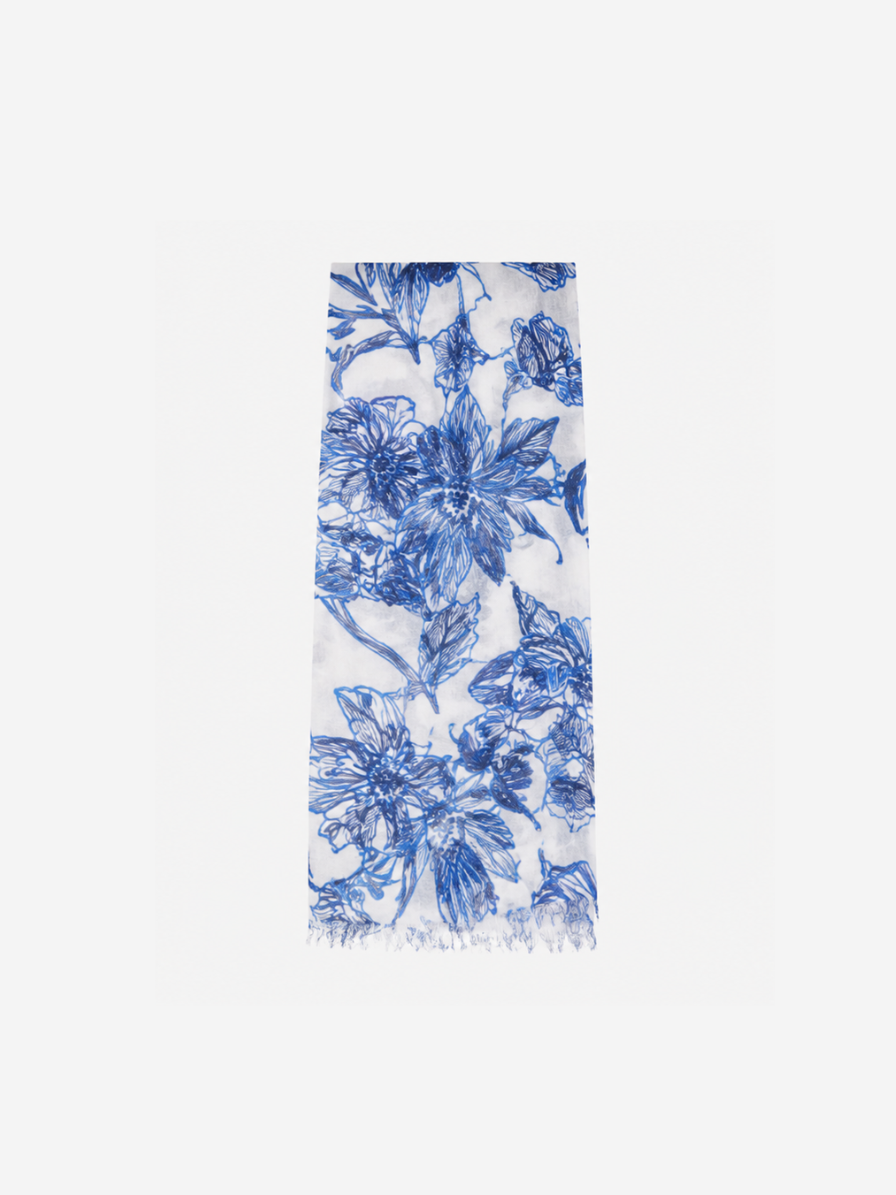 Printed Linen Scarf Blu Flower