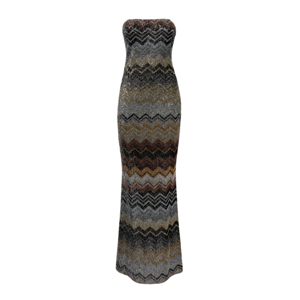 Sequinned Strapless Floor Length Dress in Charcoal Chevron