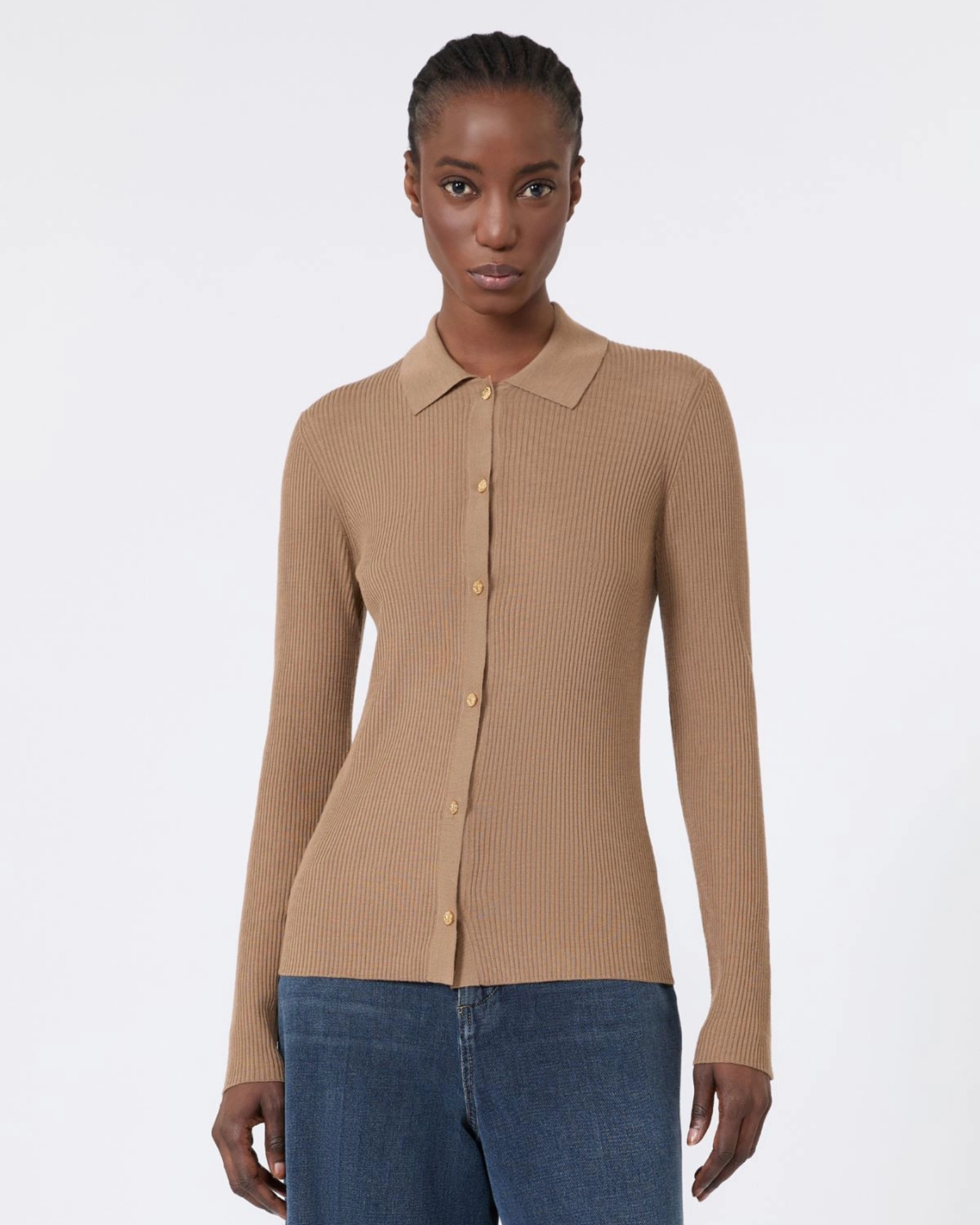 Virgin wool fine knit cardigan Beige