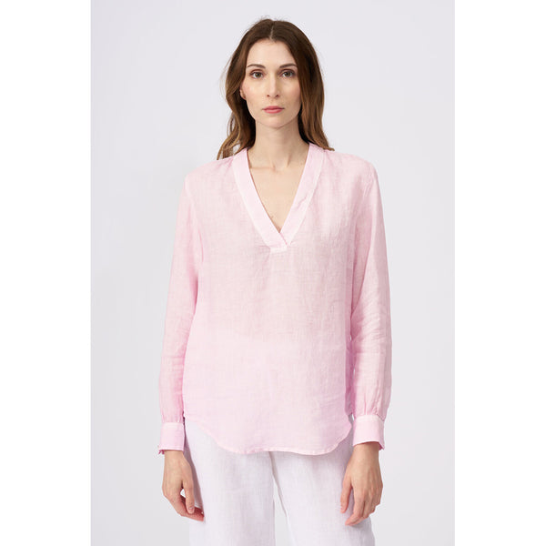 V Neck Long Sleeve Linen Shirt in Powder Pink