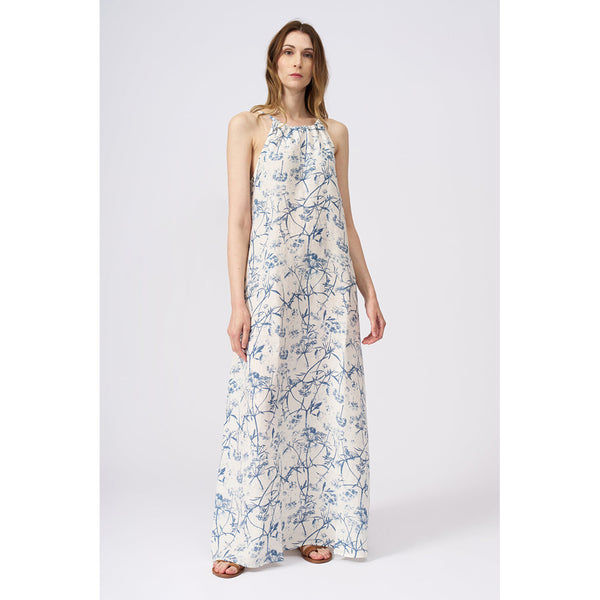 Halterneck Long Linen Dress in Washed Blue Toile Print