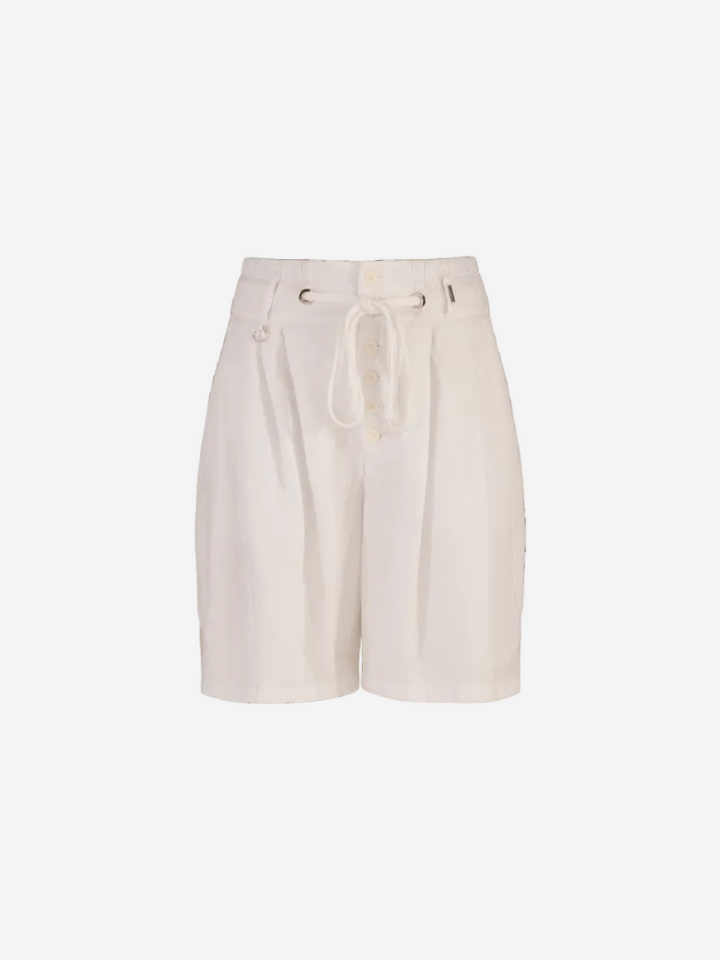 A pair of white Scanty Bermuda shorts with a drawstring waistband, displayed against a plain background.