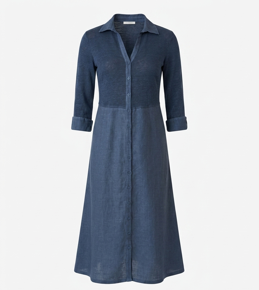 3/4 Sleeve Midi Shirt Dress  NAVY