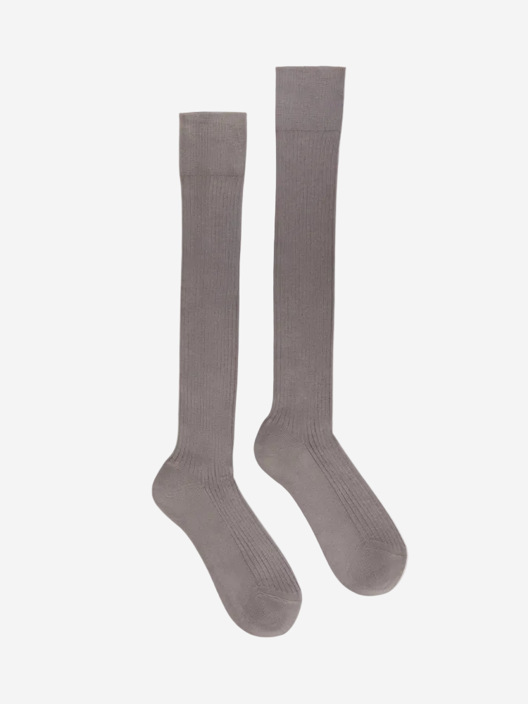 Pair of gray knee-high socks on a white background