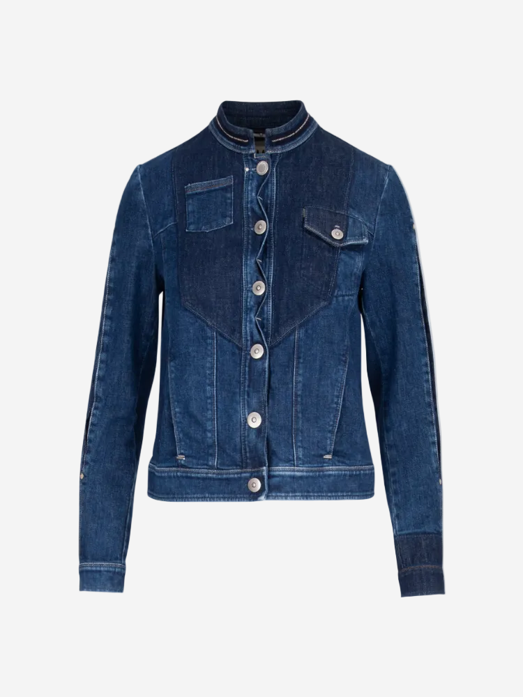 A denim short jacket with long sleeves, collar, and button-up front in solid blue color.