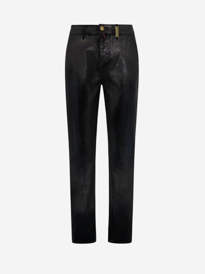 A pair of dark green denim pants with a 'leather' effect surface, fixed waistband, single metal button, belt loops, and a silver metal zip.