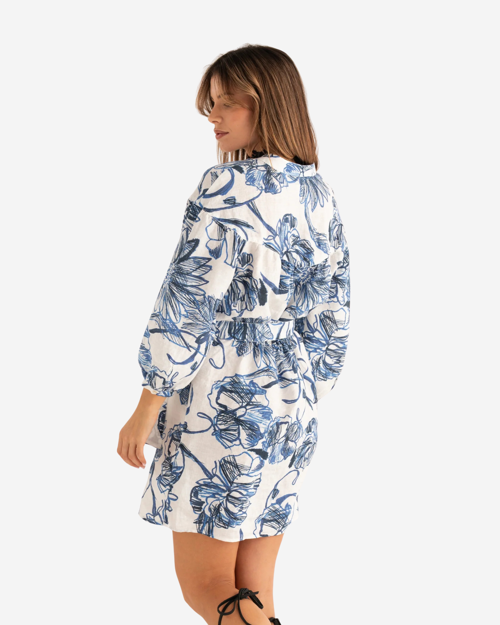 Printed Linen Midi Dress Washed Blue