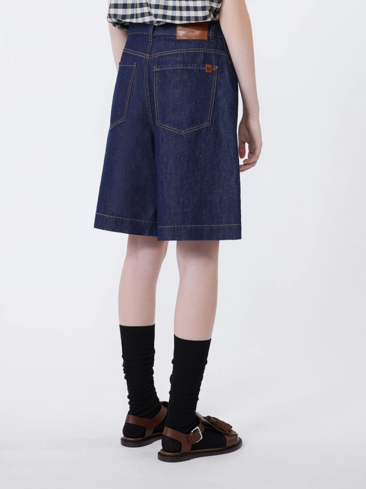 Cotton and linen denim Bermuda shorts Navy