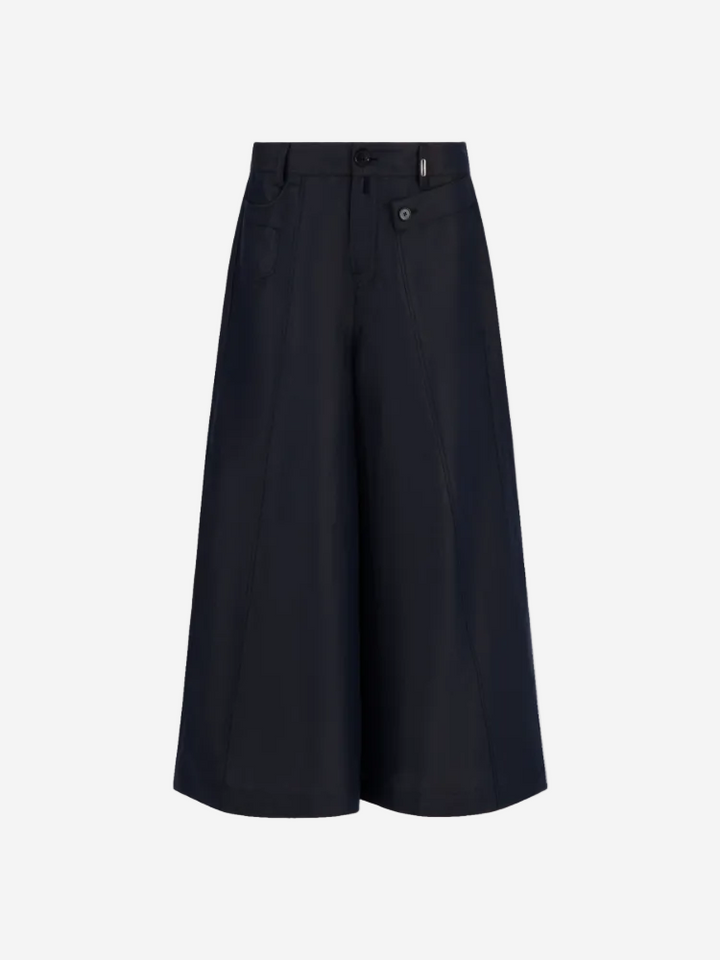 A pair of navy blue wide-leg pants with a high waist and button fly closure.