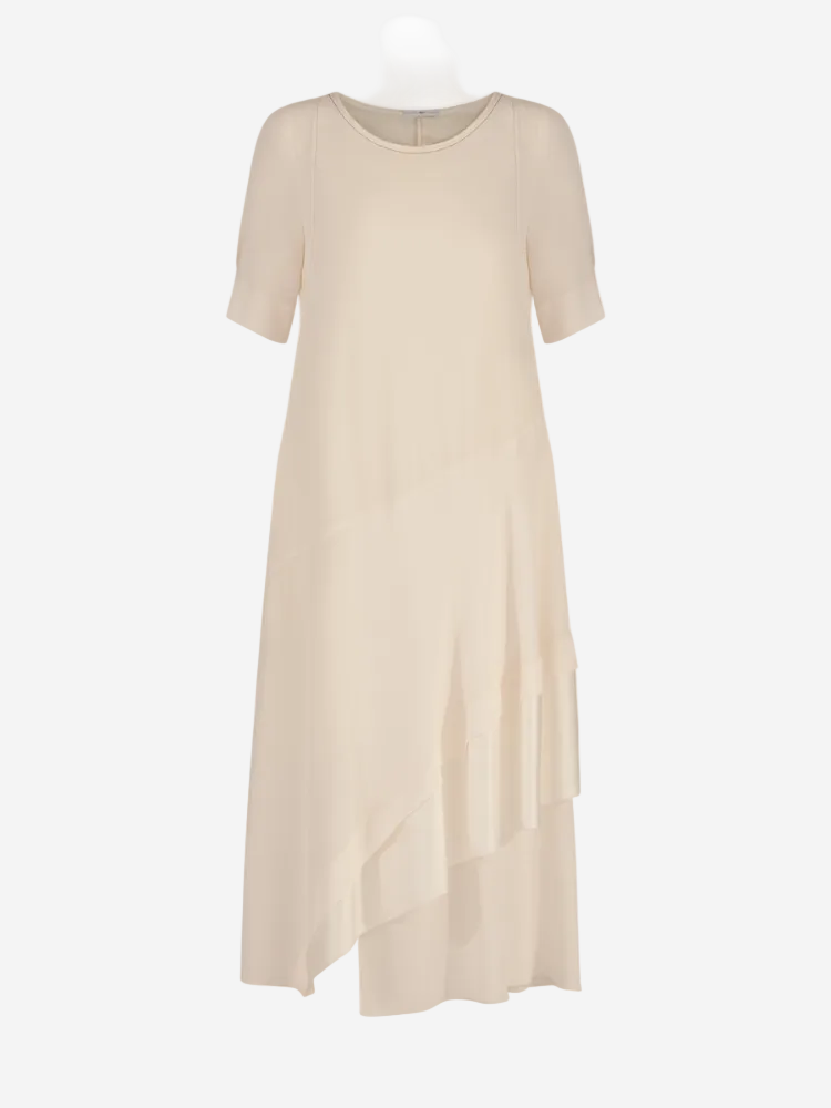 A beige, knee-length dress with a solid pattern and short sleeves.