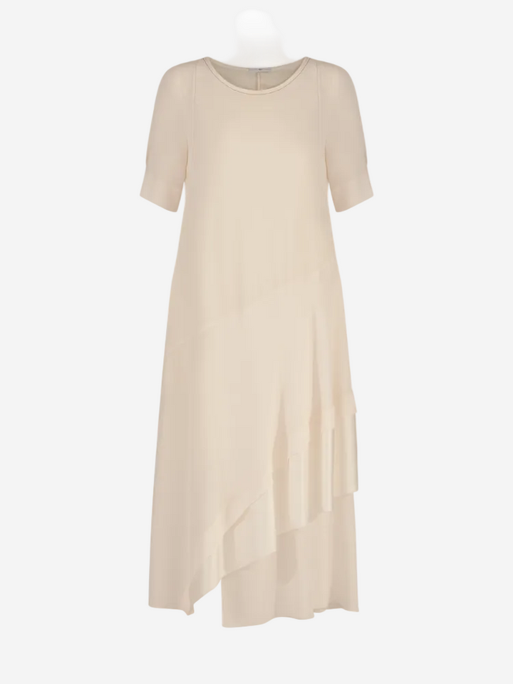 A beige, knee-length dress with a solid pattern and short sleeves.