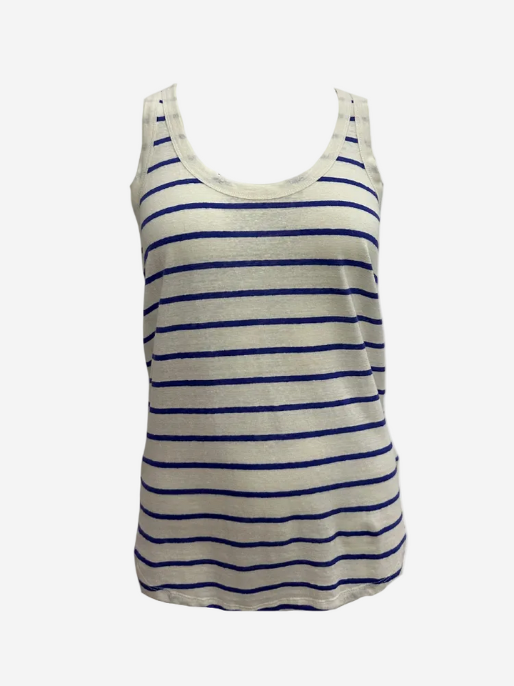 A sleeveless striped tank top in beige and blue colors