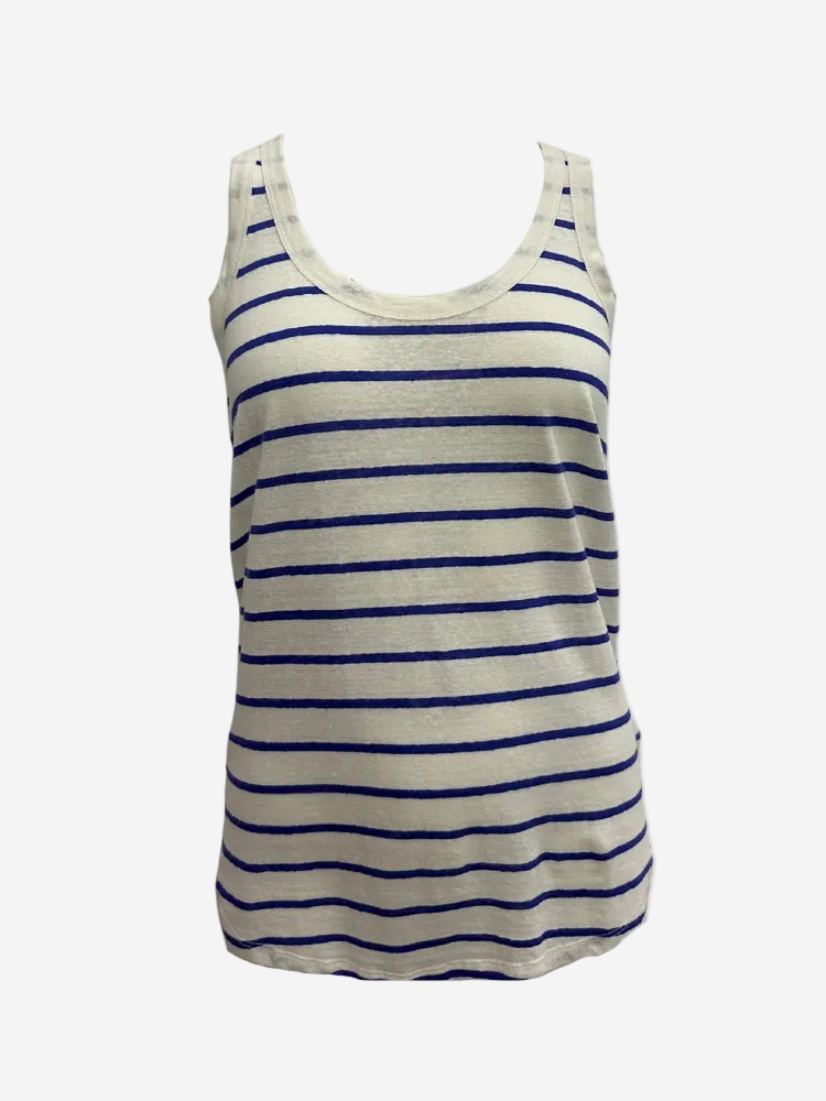 A sleeveless striped tank top in beige and blue colors