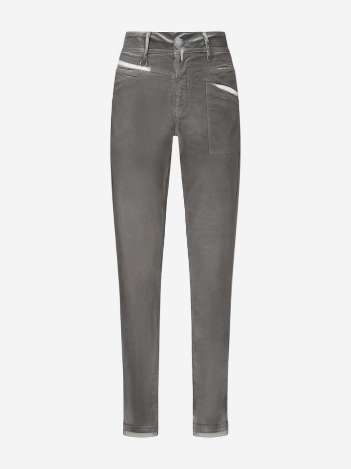 A pair of grey slim-fit jeans with a fixed waistband, belt loops, and a silver metal zip. The jeans have a heritage style with a short fly front, v-shaped hip yoke, and hip pockets.