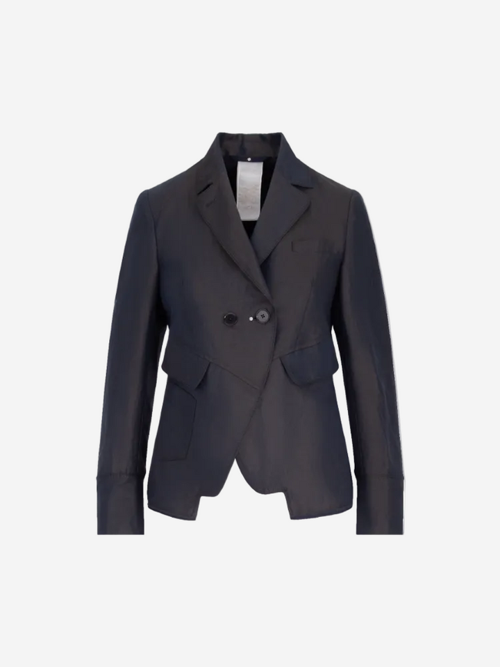 A navy blue blazer with lapel neckline and long sleeves.